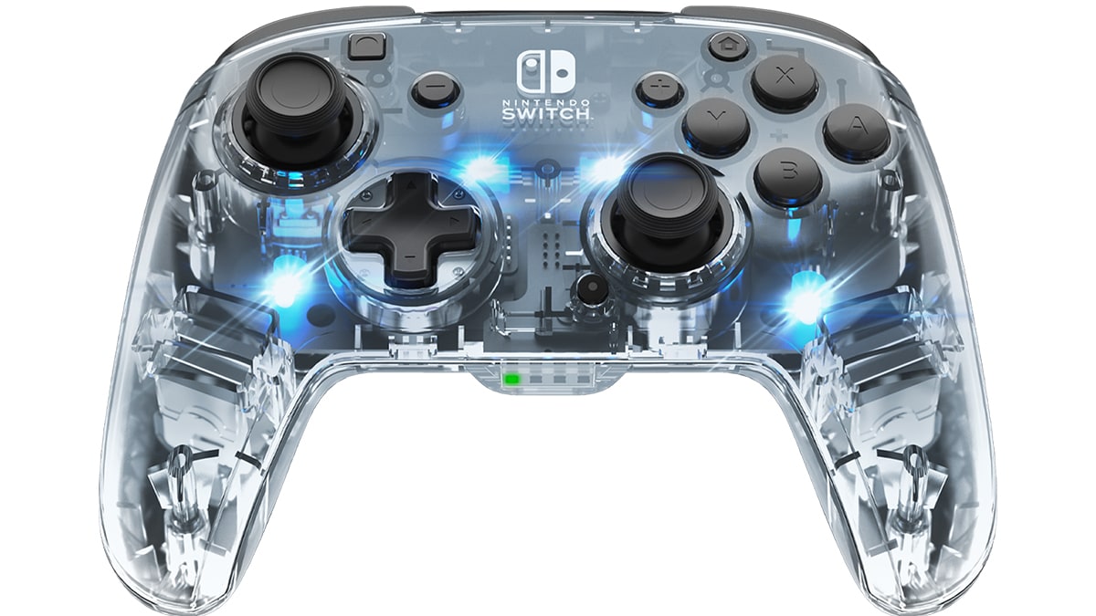 Pdp afterglow deluxe brezžični kontroler za nintendo switch sprednji pogled z modro led osvetlitvijo