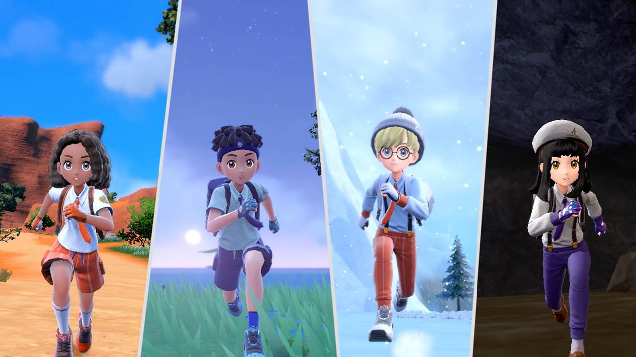 Pokémon Scarlet and Violet trainers in several Paldea biomes showing where to diversify team types