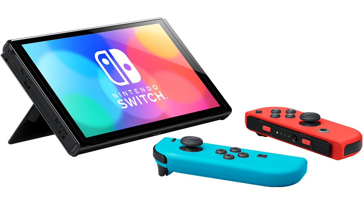 Nintendo switch oled v tabletop načinu z ločenima neon blue in neon red joy-con kontrolerjema