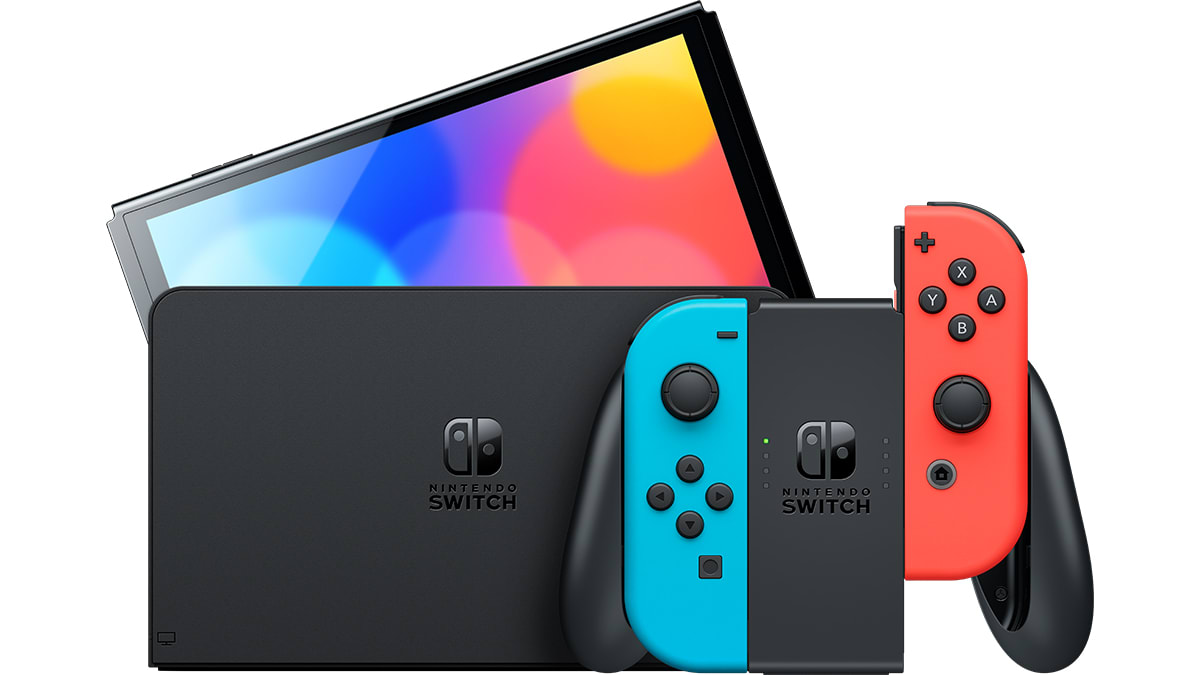 Nintendo switch oled konzola z dock postajo in rdeče-modrima joy-con ročkama