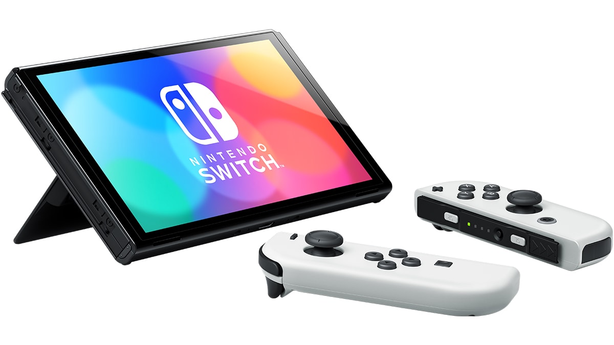 Nintendo switch oled z belimi joy-con v tabletop načinu