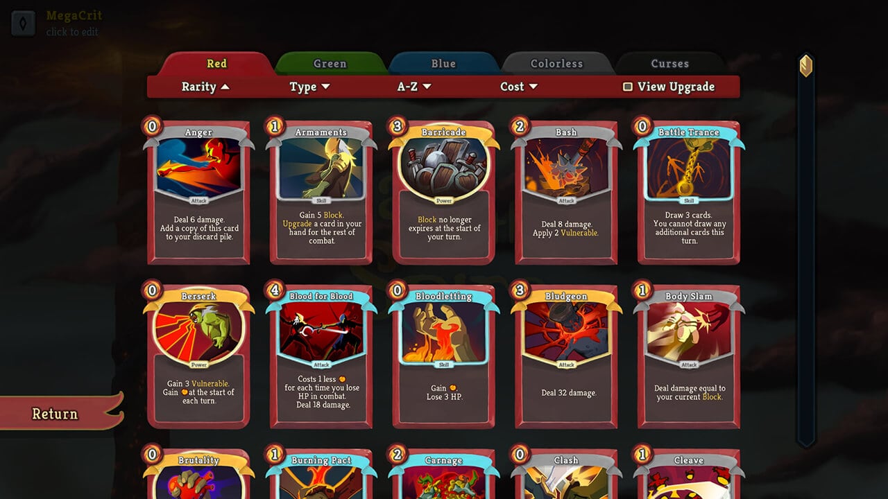 Ironclad card library in Slay the Spire with attacks skills and powers to compare