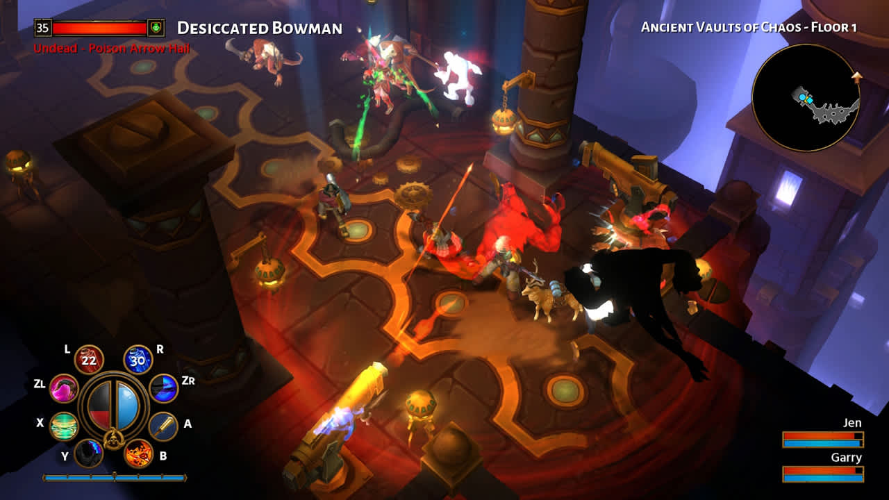 لقطة من زنزانة في Torchlight II مع وحوش وواجهة المهارات