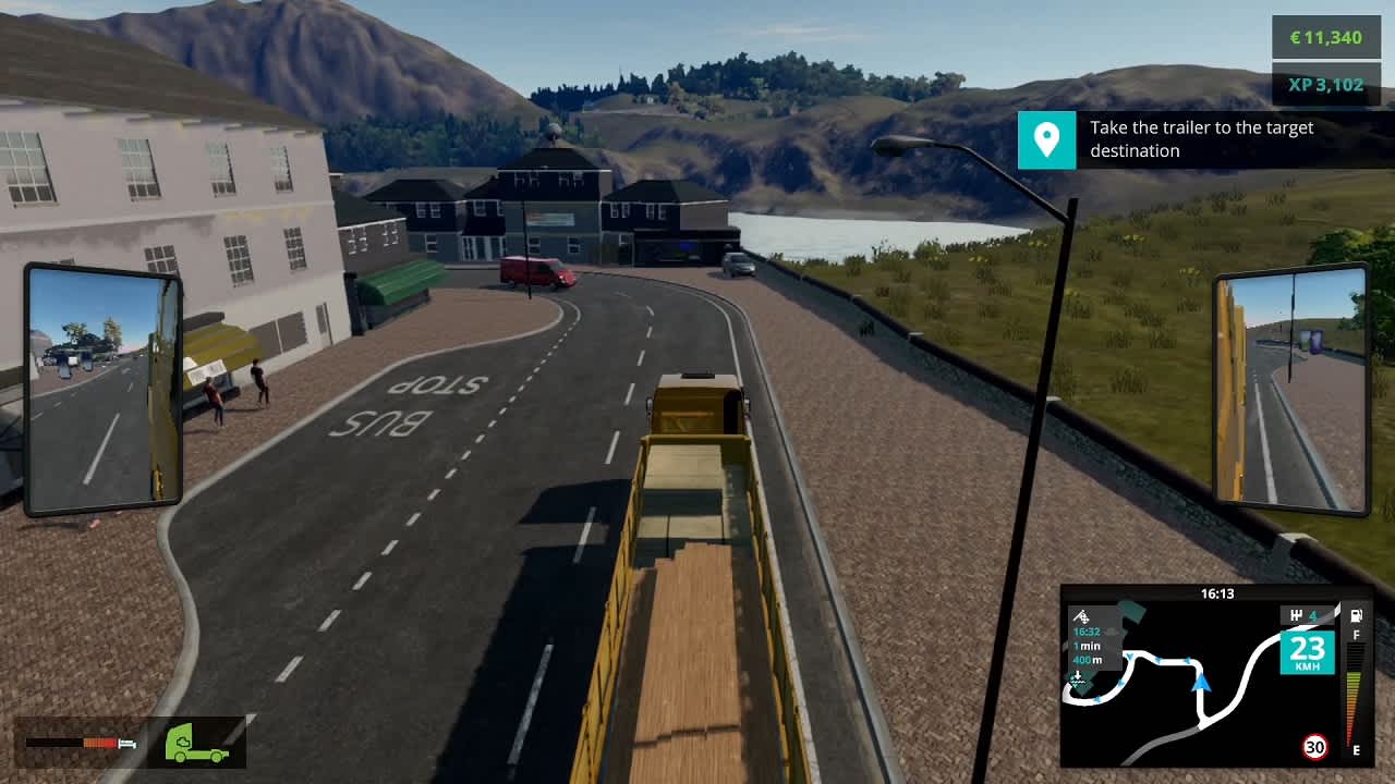 Truck Driver truck in a street with a bus stop and mini-map for adapting speed in an urban zone