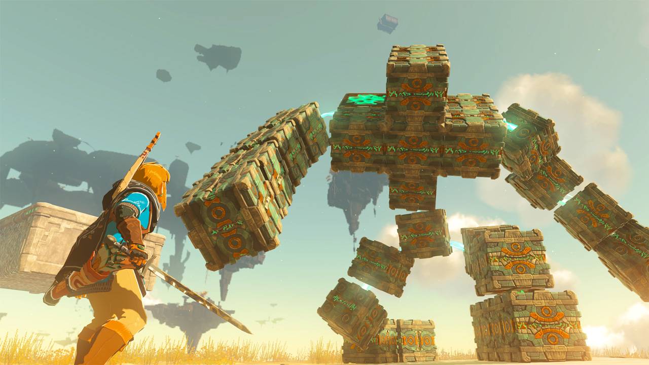 Link facing a block Construct in Zelda Tears of the Kingdom, a fight that requires sturdy weapons and strong fusions