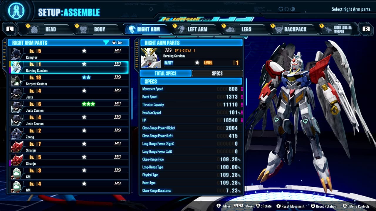 Gunpla assembly and customization screen