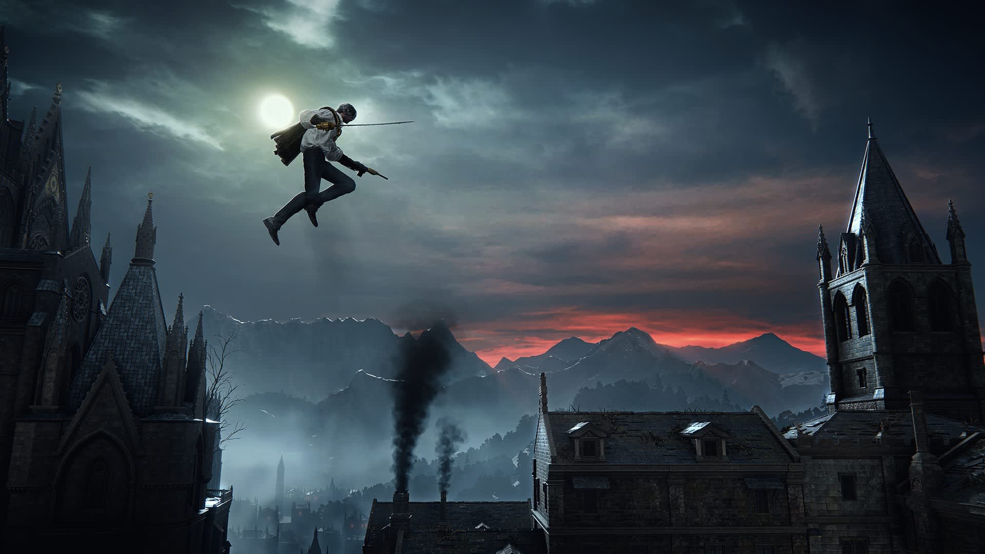 Official The Duskbloods screenshot showing a Bloodsworn leaping above a gothic city