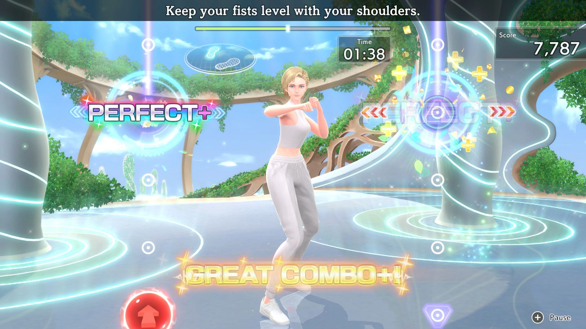 Fitness Boxing 3 Switch 2 workout screen with trainer and Perfect score