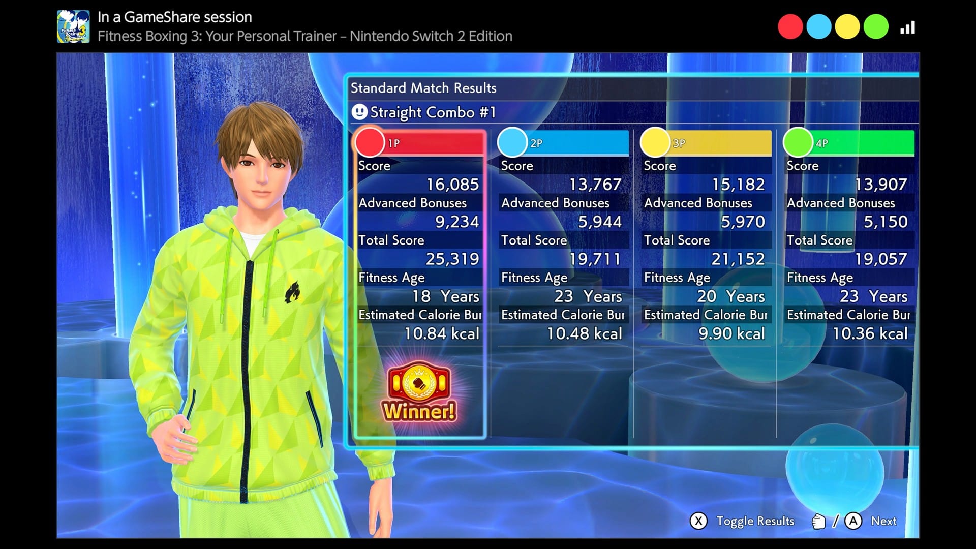 Fitness Boxing 3 Switch 2 four-player GameShare result screen