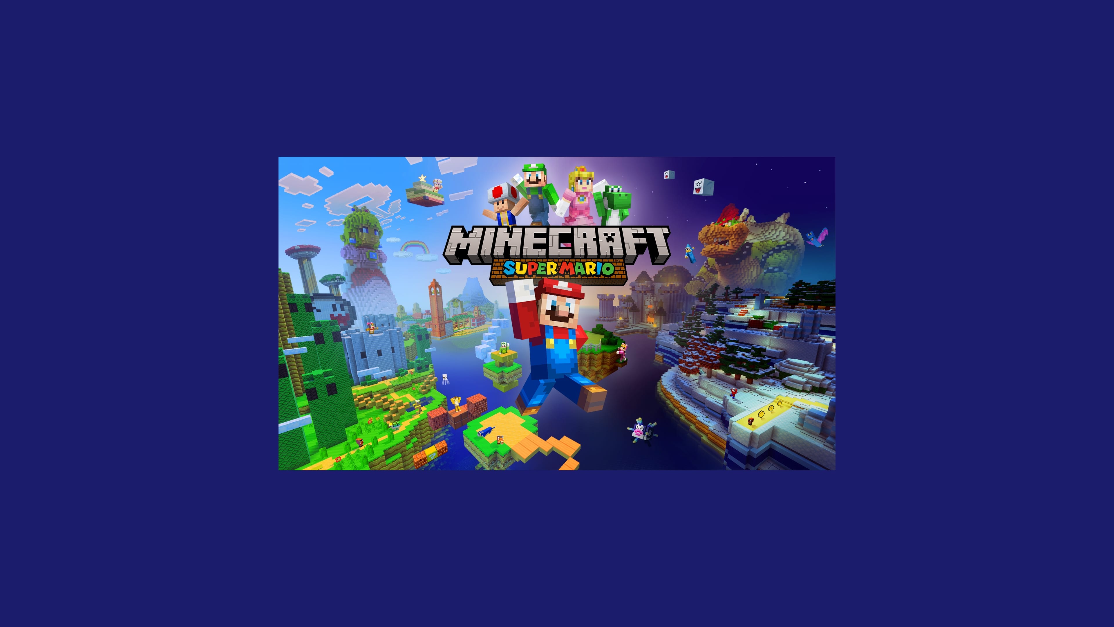 Mario's Minecraft skin leaps across blocks in a desert castle course with fireball hazards and Yoshi nearby, from the Super Mario Mash-Up Pack