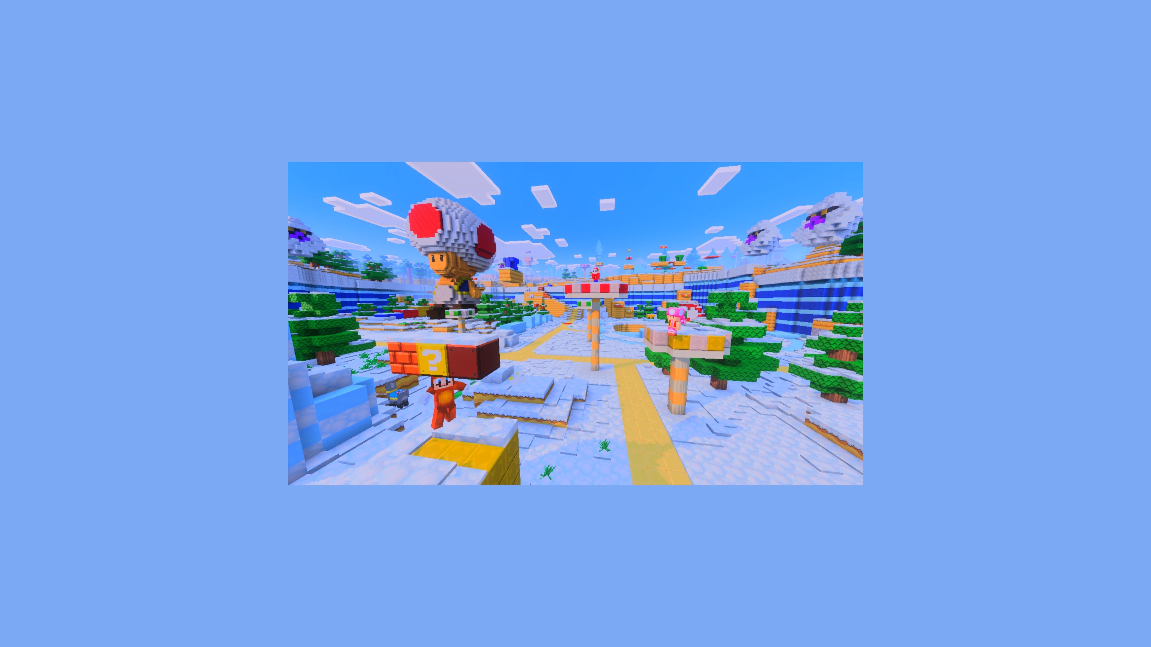 Key art for the Minecraft Super Mario Mash-Up Pack showing Mario, Luigi, Peach, Toad, Yoshi and Bowser rebuilt in Minecraft's block style