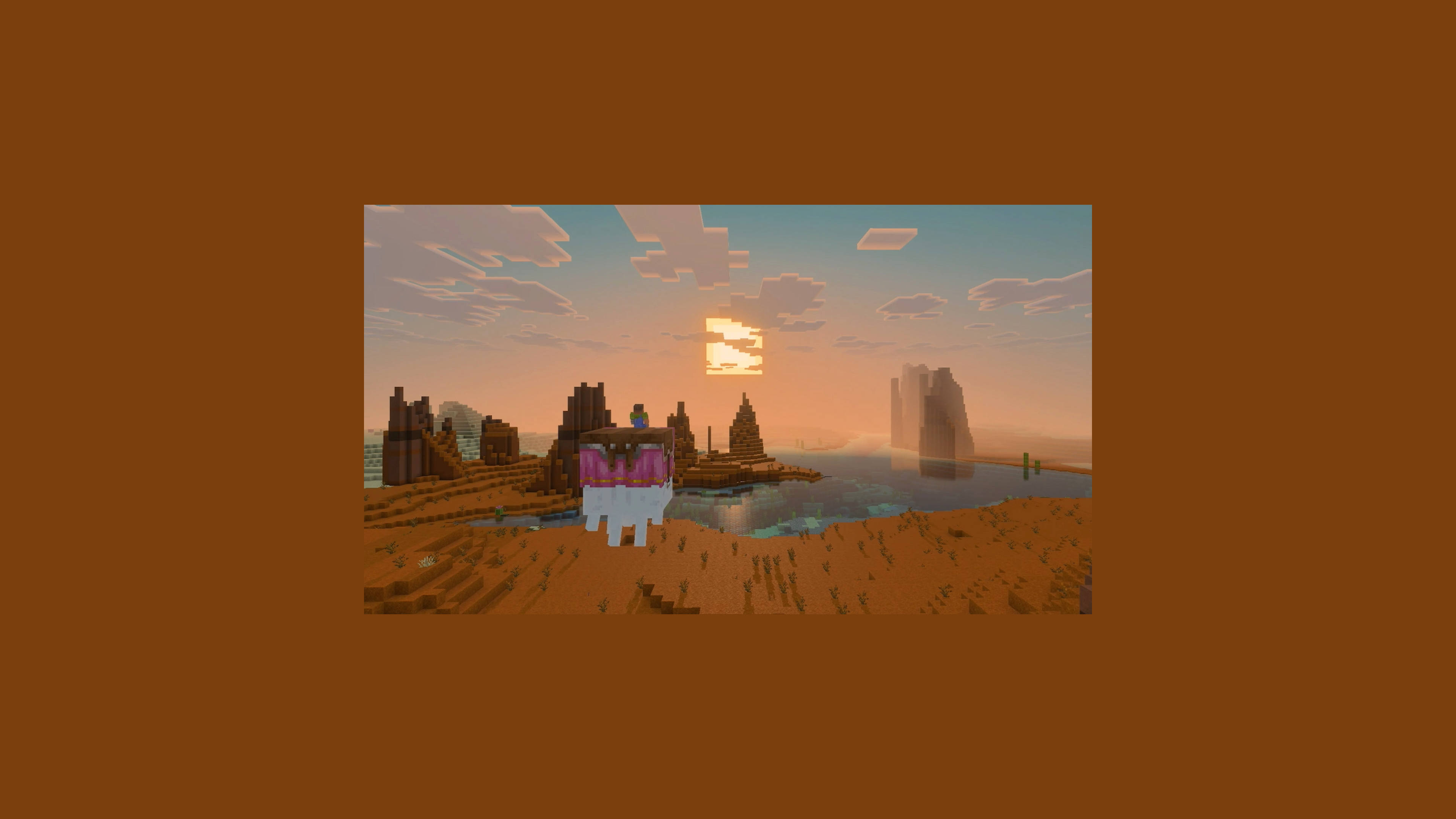 A player rides a llama across a desert mesa at sunset in Minecraft, with mountains and water in the background