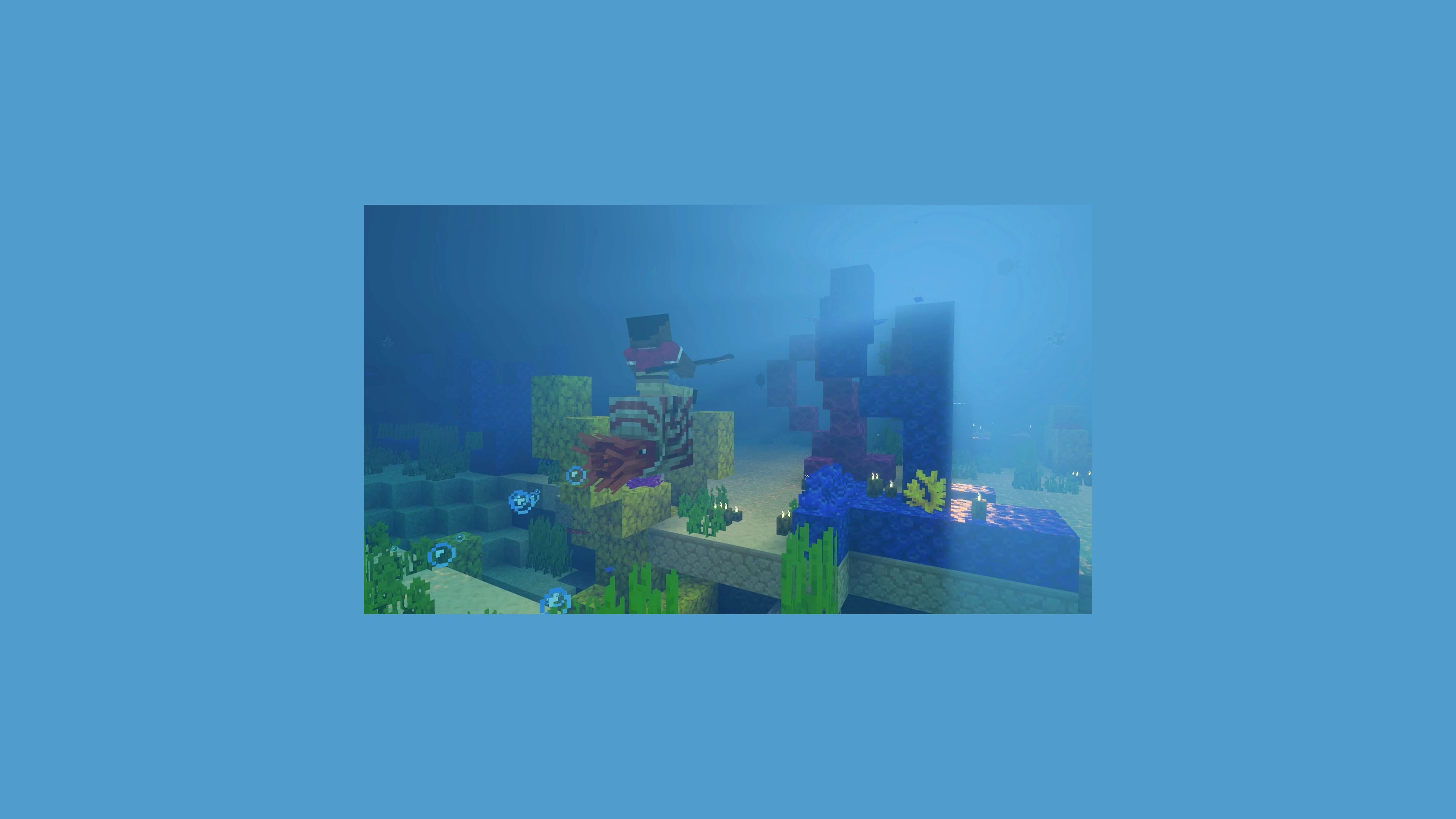 An underwater Minecraft scene with coral, glowing particles and a player exploring ocean ruins, lit with Vibrant Visuals