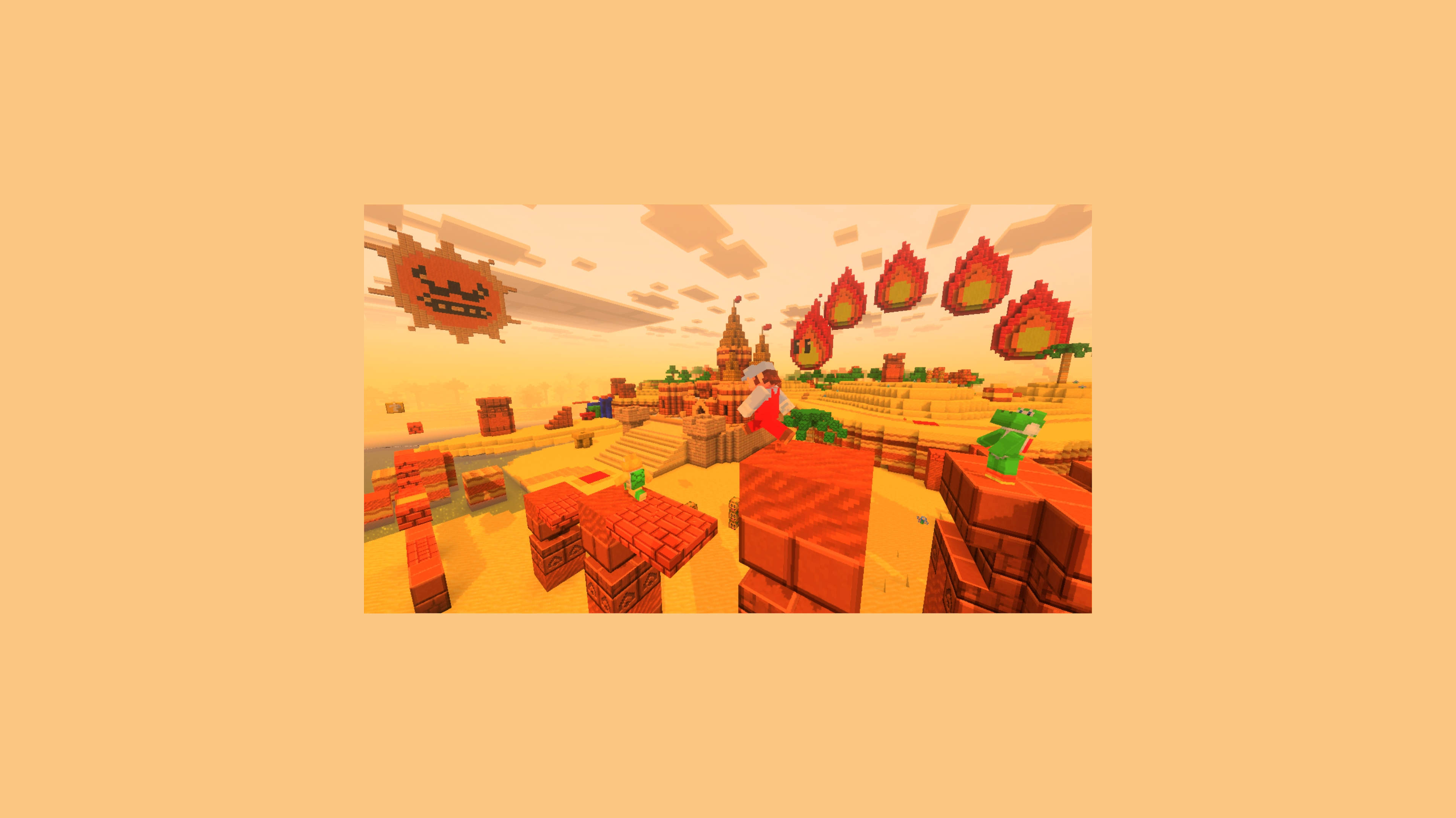 Toad's Minecraft skin jumps near a floating question mark block in a snowy level from the Super Mario Mash-Up Pack