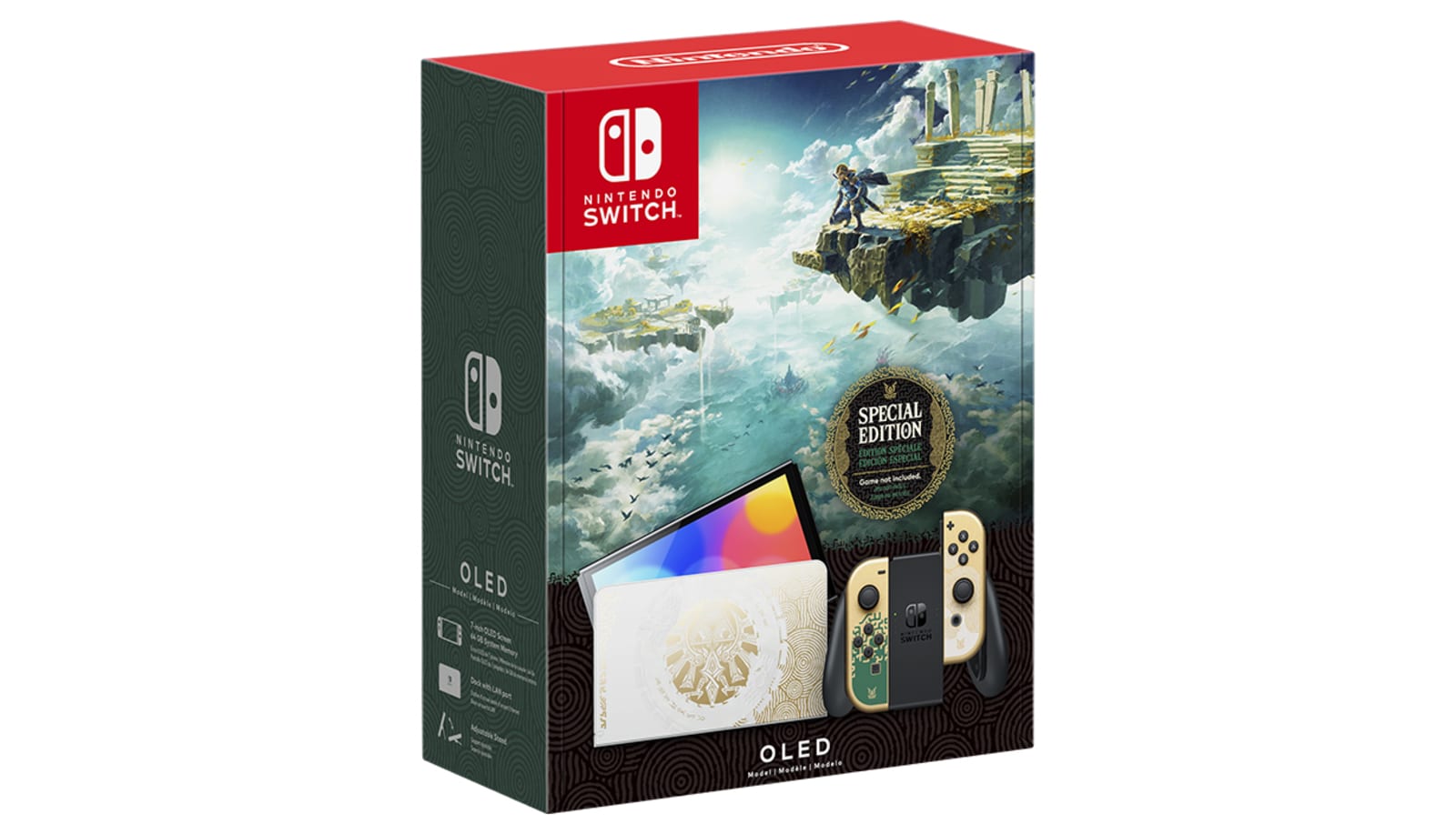 Nintendo Switch – OLED Model - The Legend of Zelda: Tears of the Kingdom Edition The Nintendo Switch – OLED Model - The Legend of Zelda: Tears of the Kingdom Edition system features a design inspired by the Legend of Zelda: Tears of the Kingdom game, including the familiar Hylian Crest from the Legend of Zelda series on the front of the dock (game not included).