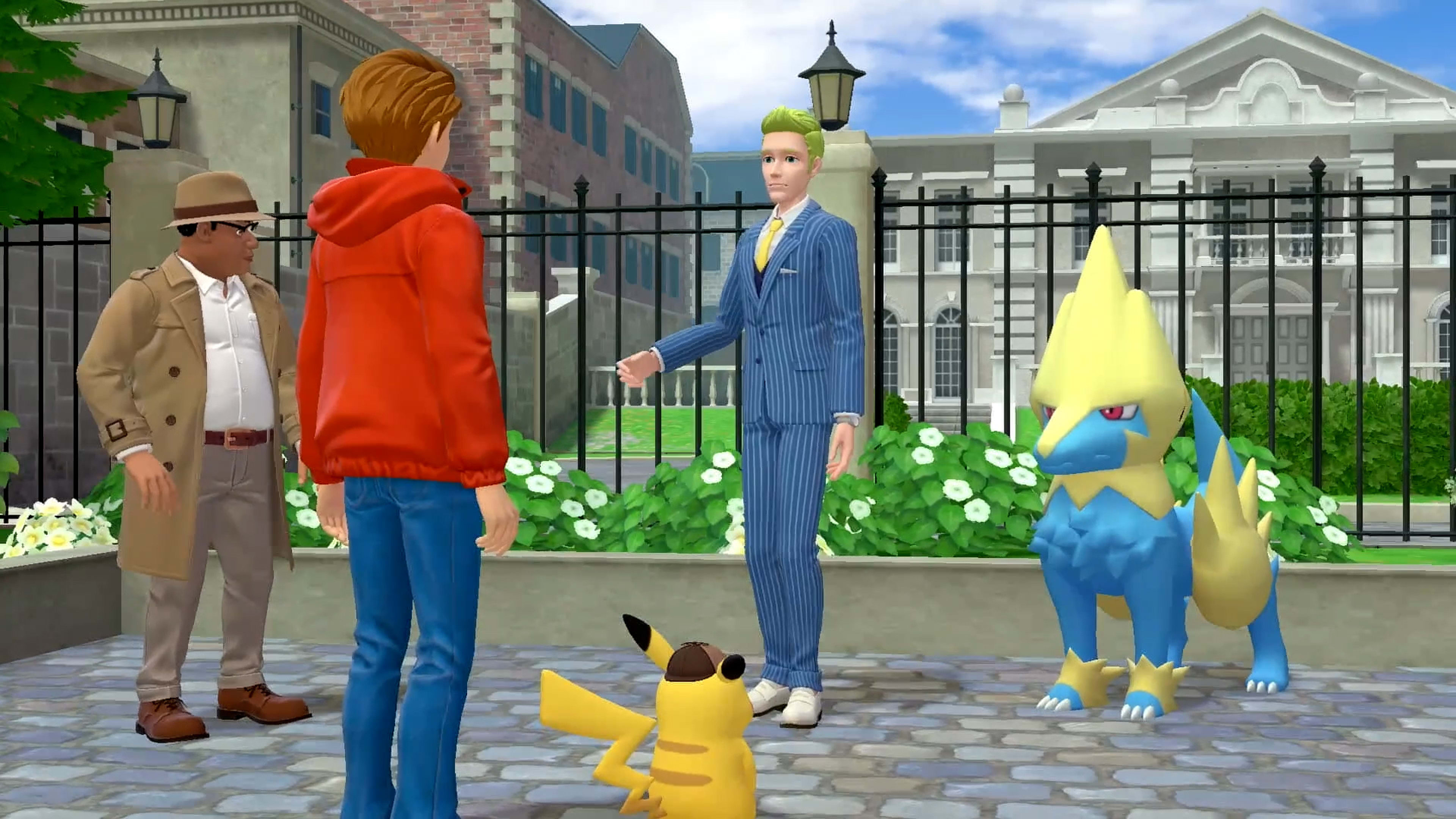 Tim Goodman and Pikachu talking with citizens of Ryme City