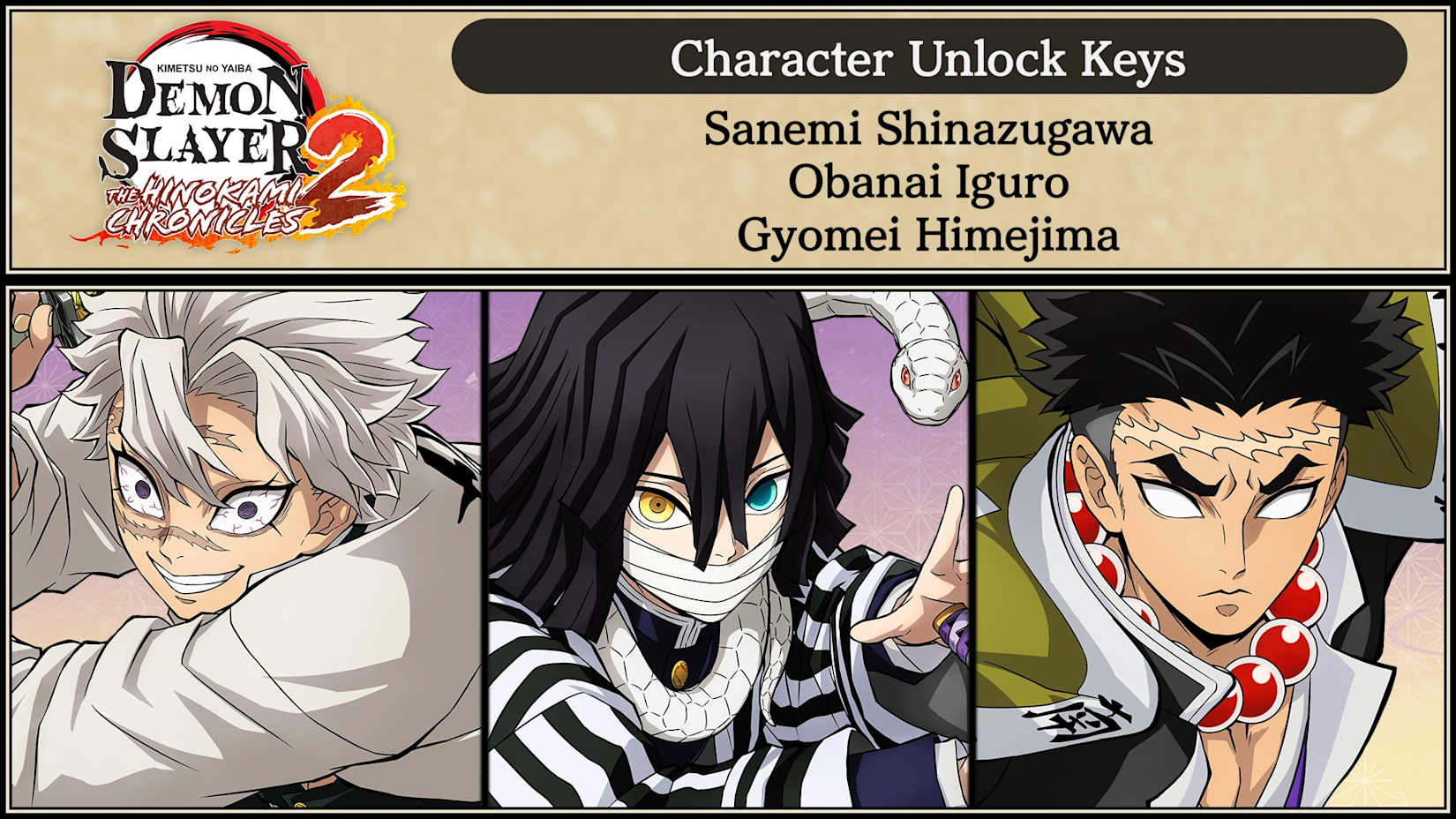 – Chaves de desbloqueio de personagem: Obanai Iguro, Sanemi Shinazugawa e Gyomei Himejima 封面