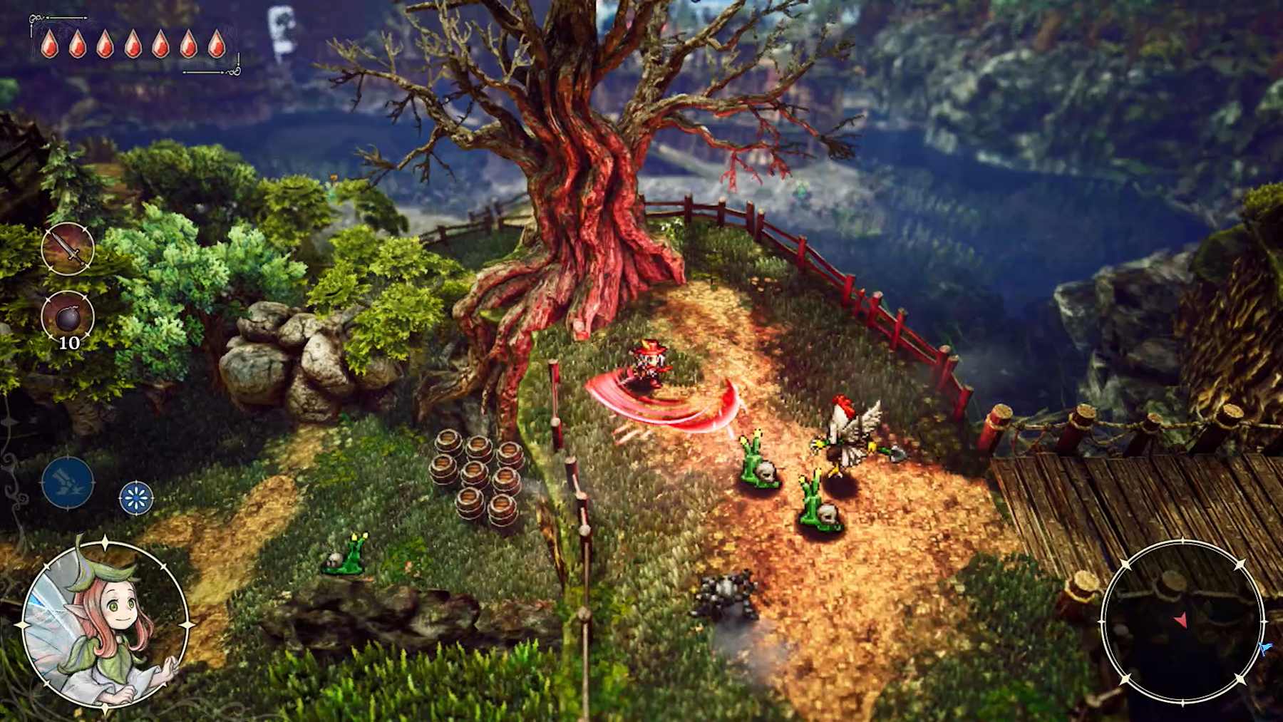 Cena do jogo The Adventures of Elliot: The Millennium Tales, com estilo pixel art e 3D.