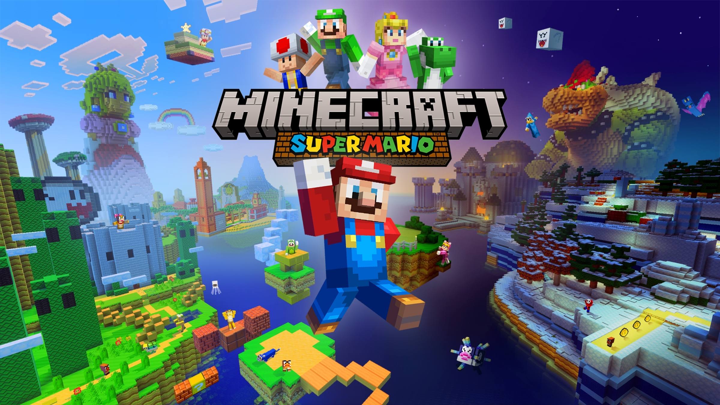 Minecraft Super Mario Mash-Up Pack artwork showing Steve dressed as Mario alongside Luigi, Peach, Toad and Yoshi skins