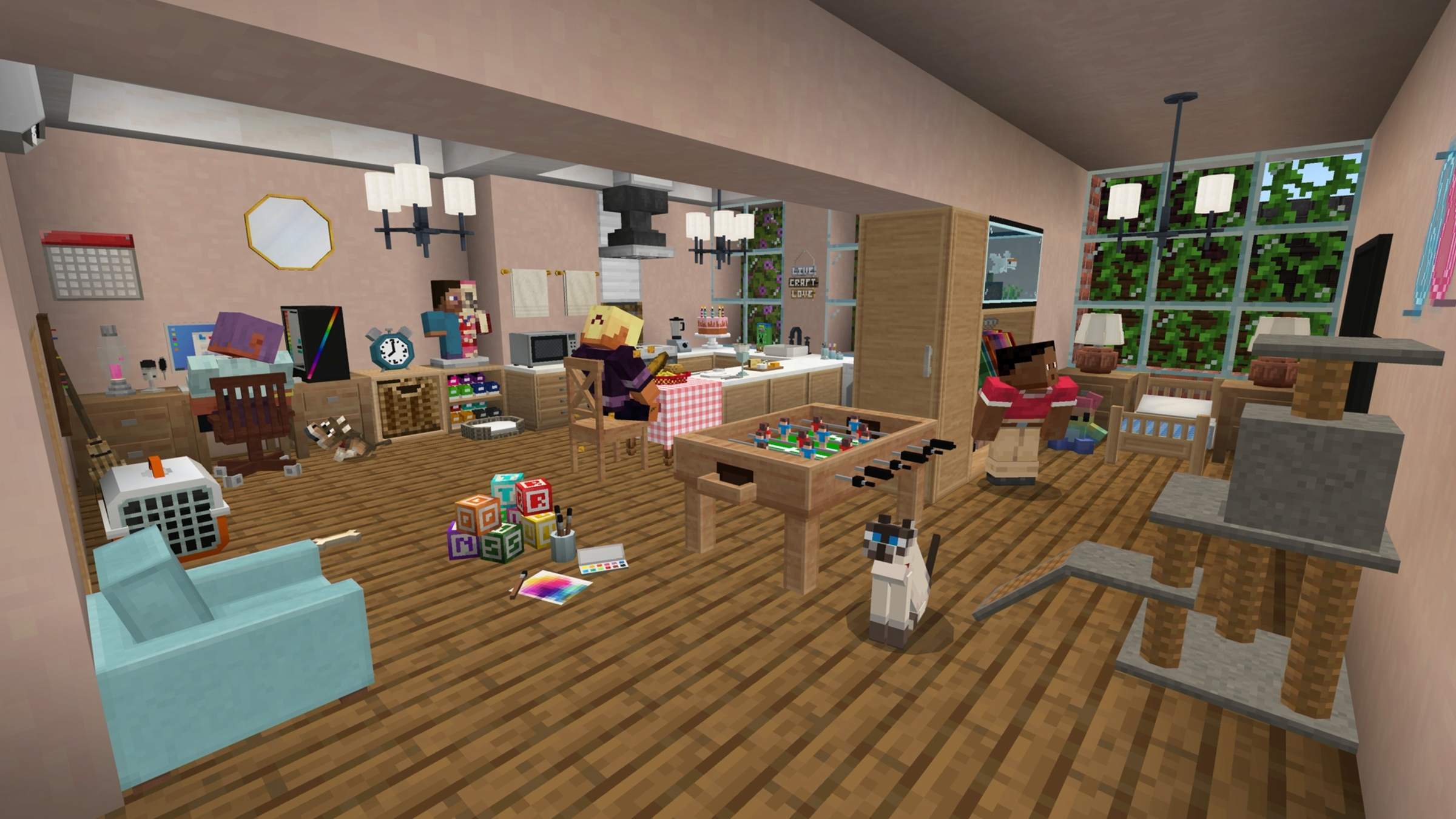 A furnished Minecraft house interior with a foosball table, sofa, cat tree, kitchen and decorative items