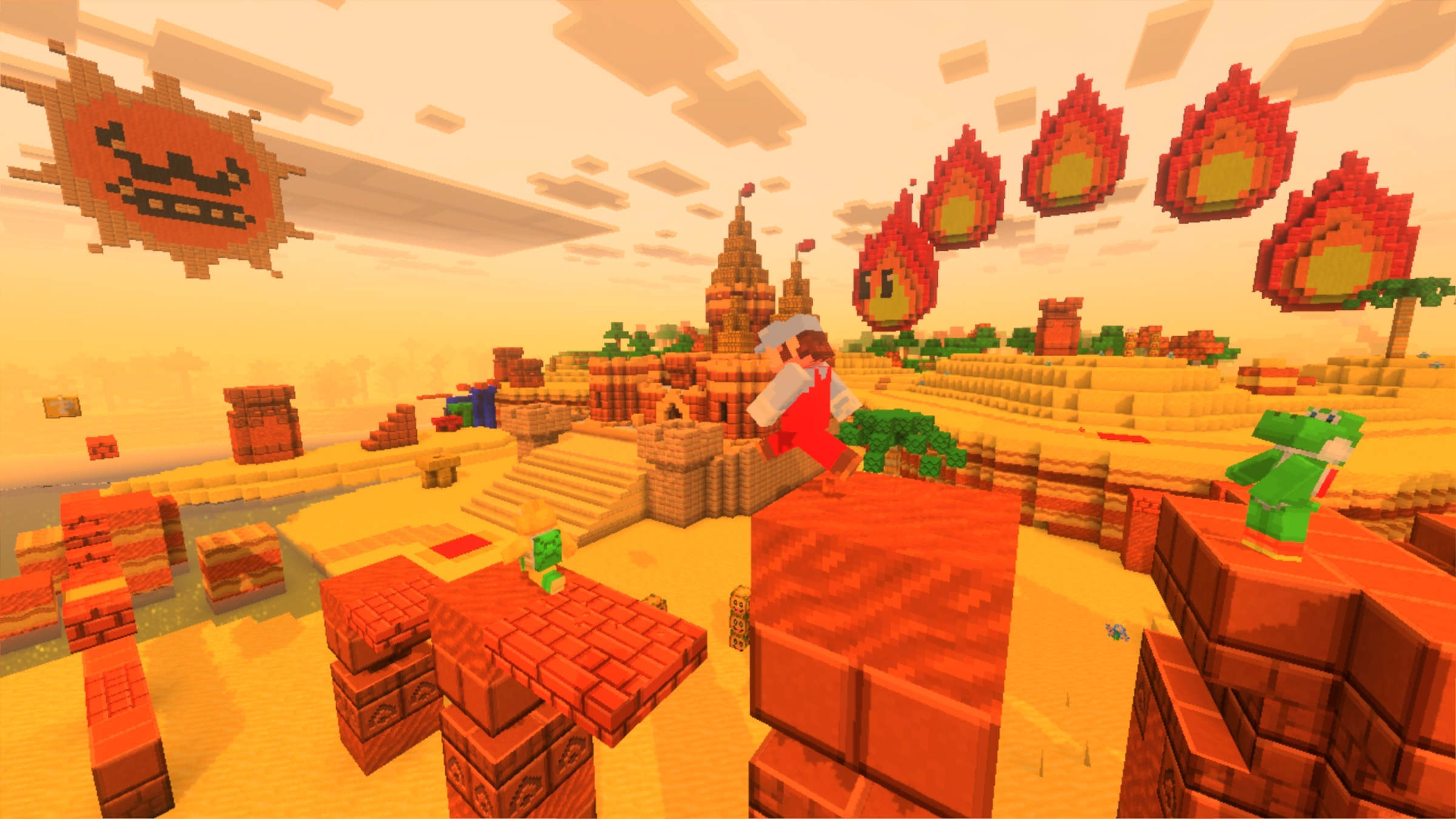 A Mario-skinned player jumping through a Super Mario-themed desert world built in Minecraft with fire flower decorations