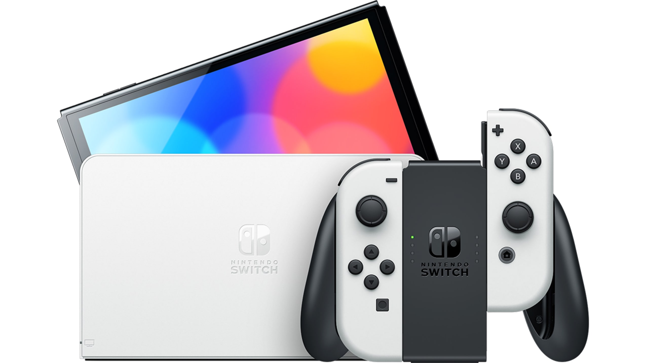 A white Nintendo Switch OLED console with its Joy-con controllers and dock.