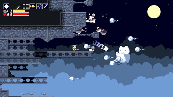 Captura de pantalla de Cave Story+, en su versión para Nintendo Switch. El Muro Exterior es una de las zonas más bonitas del juego, y los gráficos actualizados le dan un "plus".