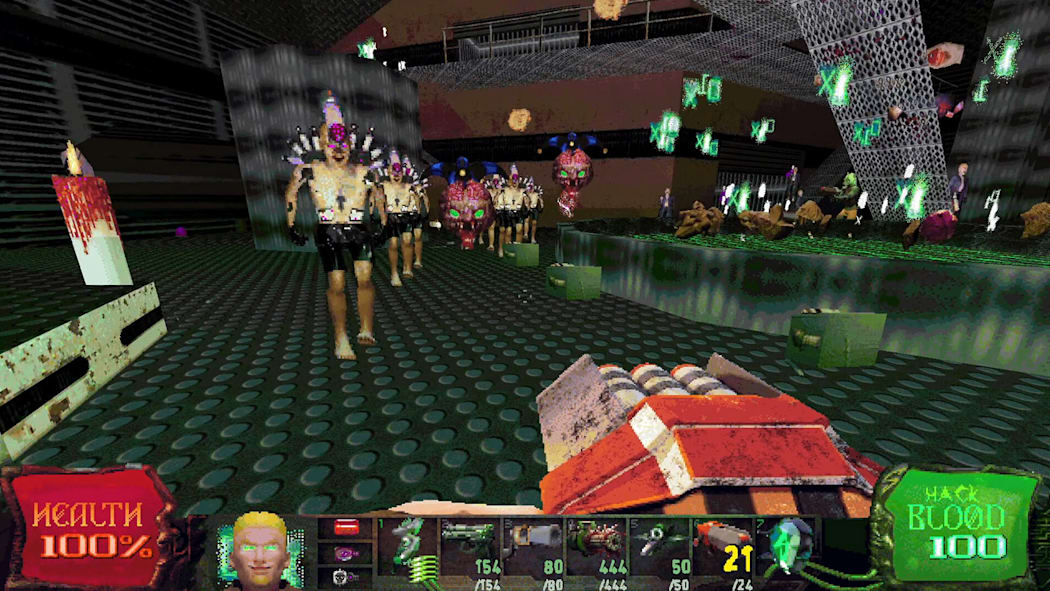 bodies filled with needles approach the main character who is wielding a rocket launcher