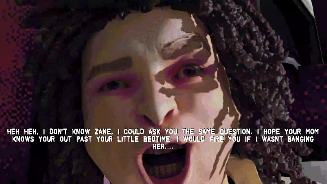 dialogue that has Mevin roasting the main character Zane with a close up of Mevin's head