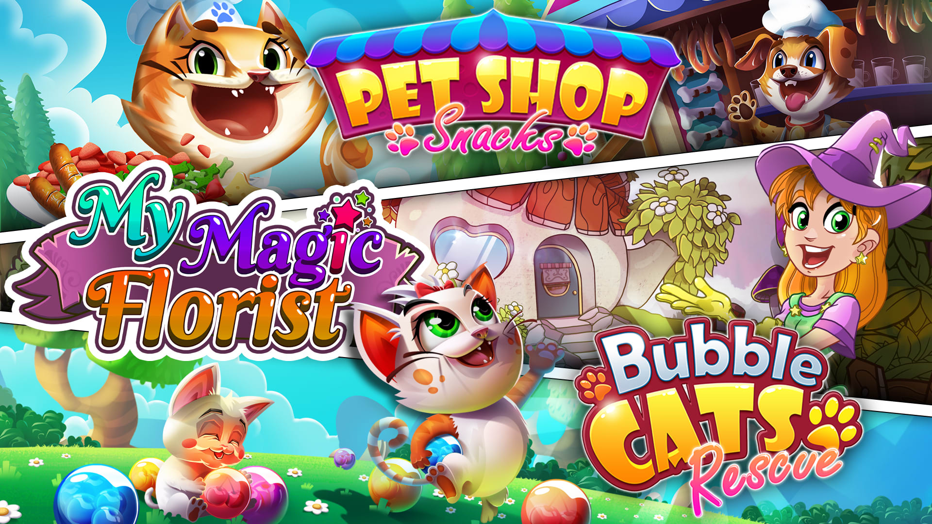 Family Games Bundle: My Magic Florist + Pet Shop Snacks + Bubble Cats Rescue 1