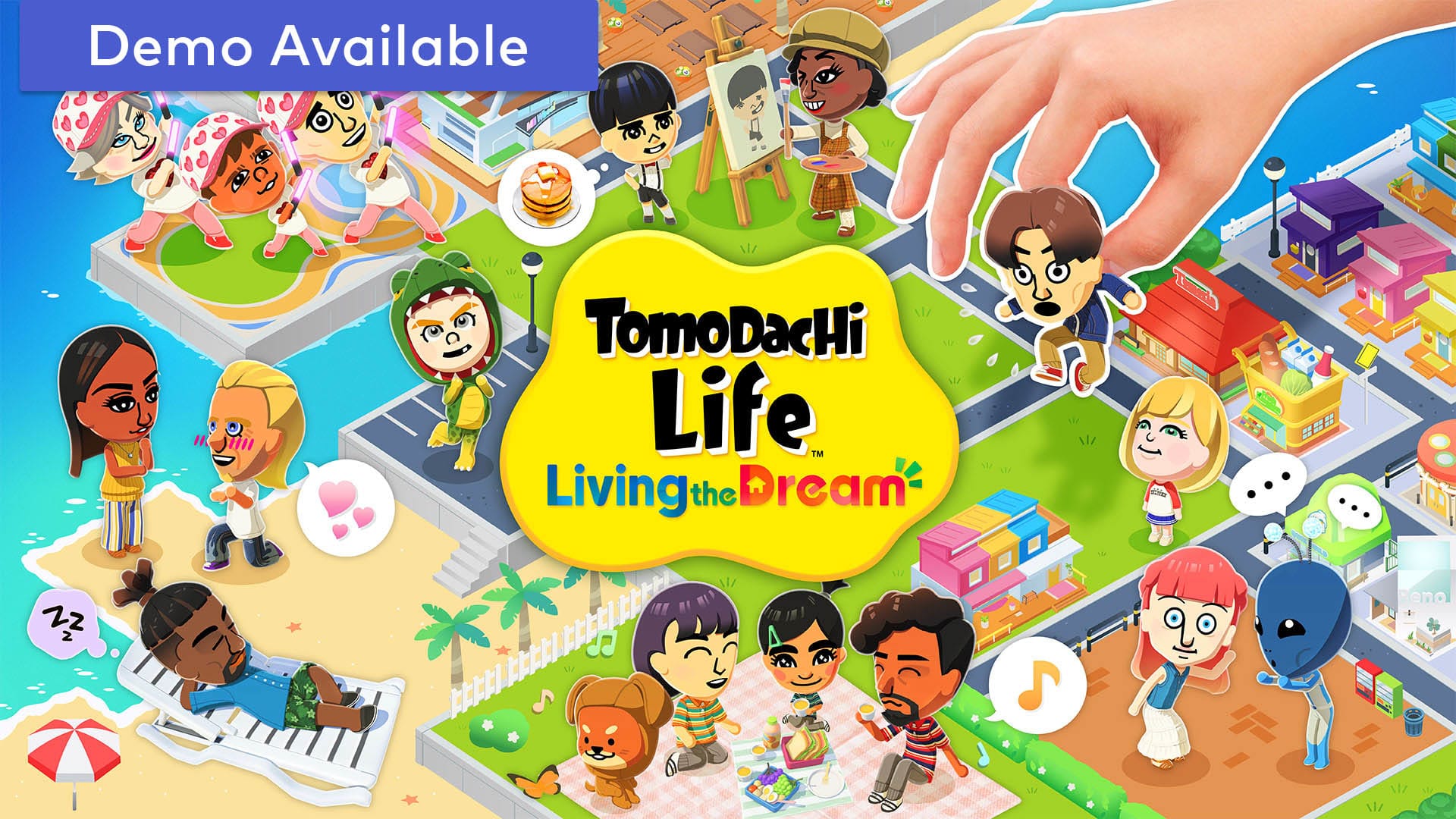 Official Tomodachi Life Living the Dream artwork with several Mii characters on an island
