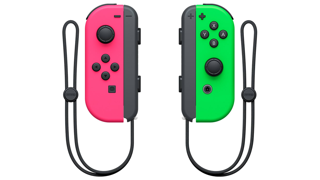 Tay Cầm Nintendo Switch Joy-Con Neon Hồng / Neon Xanh khi lắp strap vào trông khá đẹp mắt
