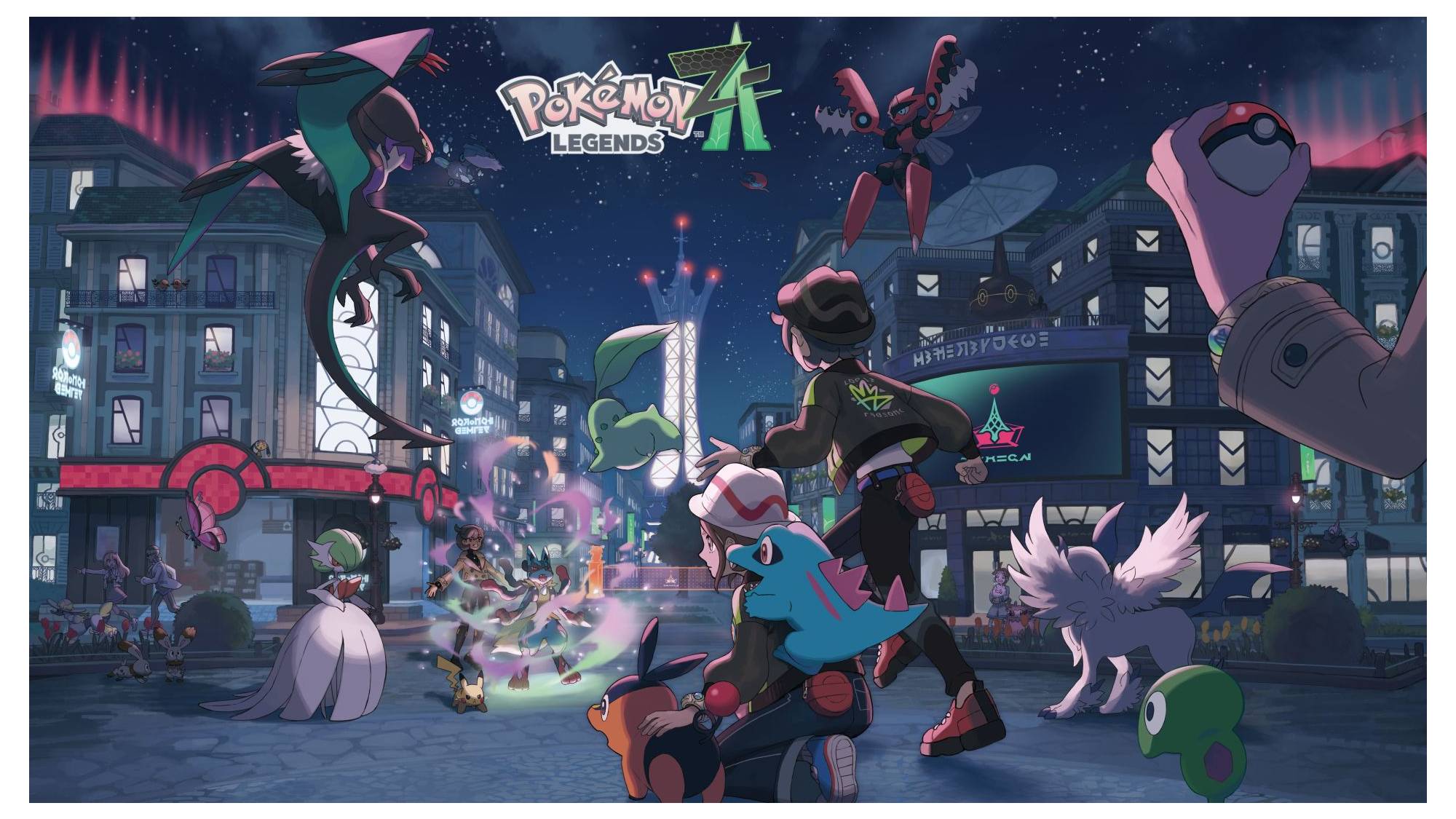 Official key art for Pokémon Legends: Z-A showing a Trainer and partner Pokémon in Lumiose City