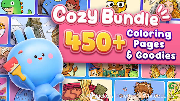 Cozy Bundle: 450+ Coloring Pages & Goodies + All Stickers, Palettes & Whiteboards