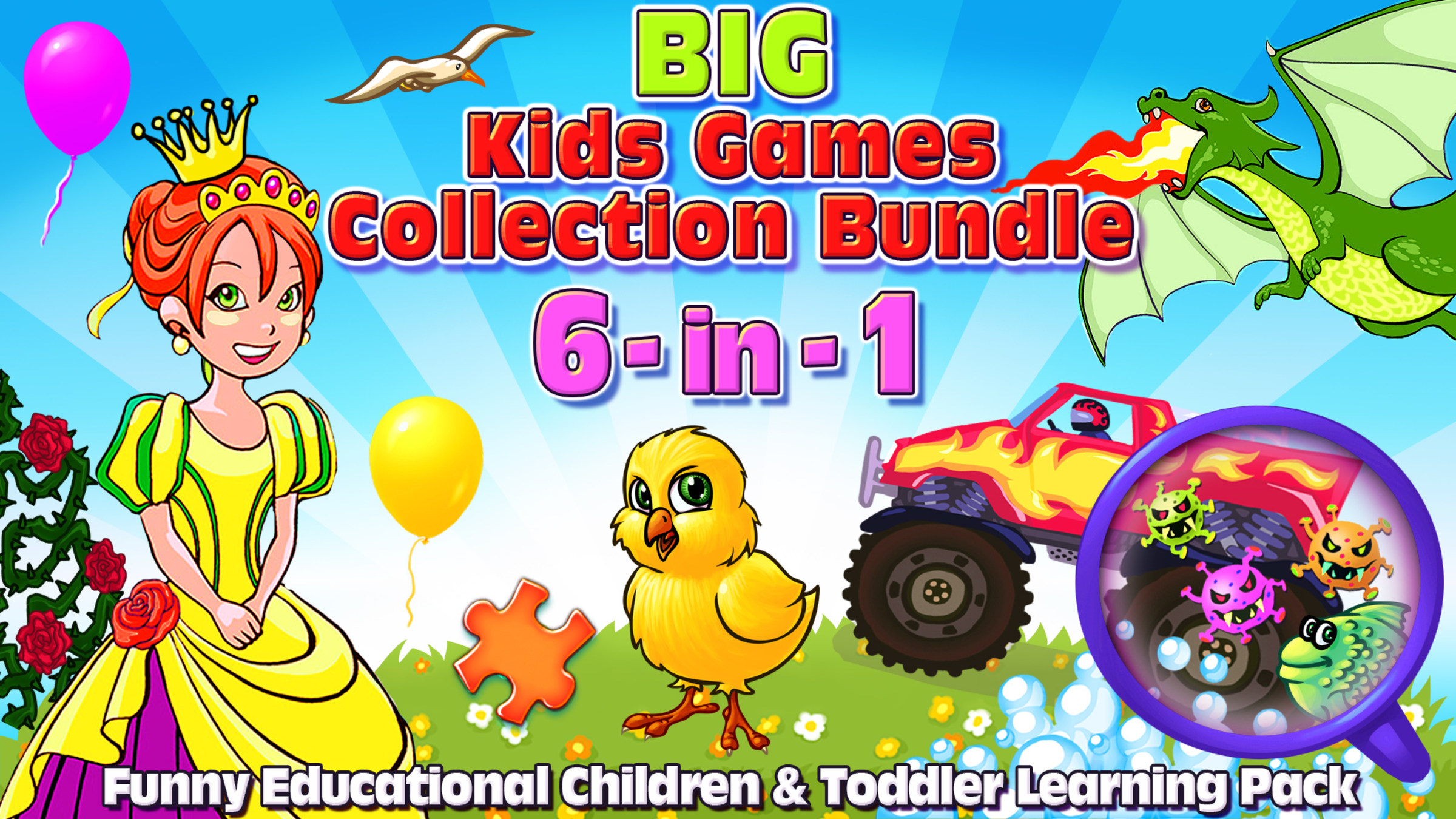Children solving a fairy-tale themed jigsaw puzzle on a tablet from the Big Kids Games Collection Bundle