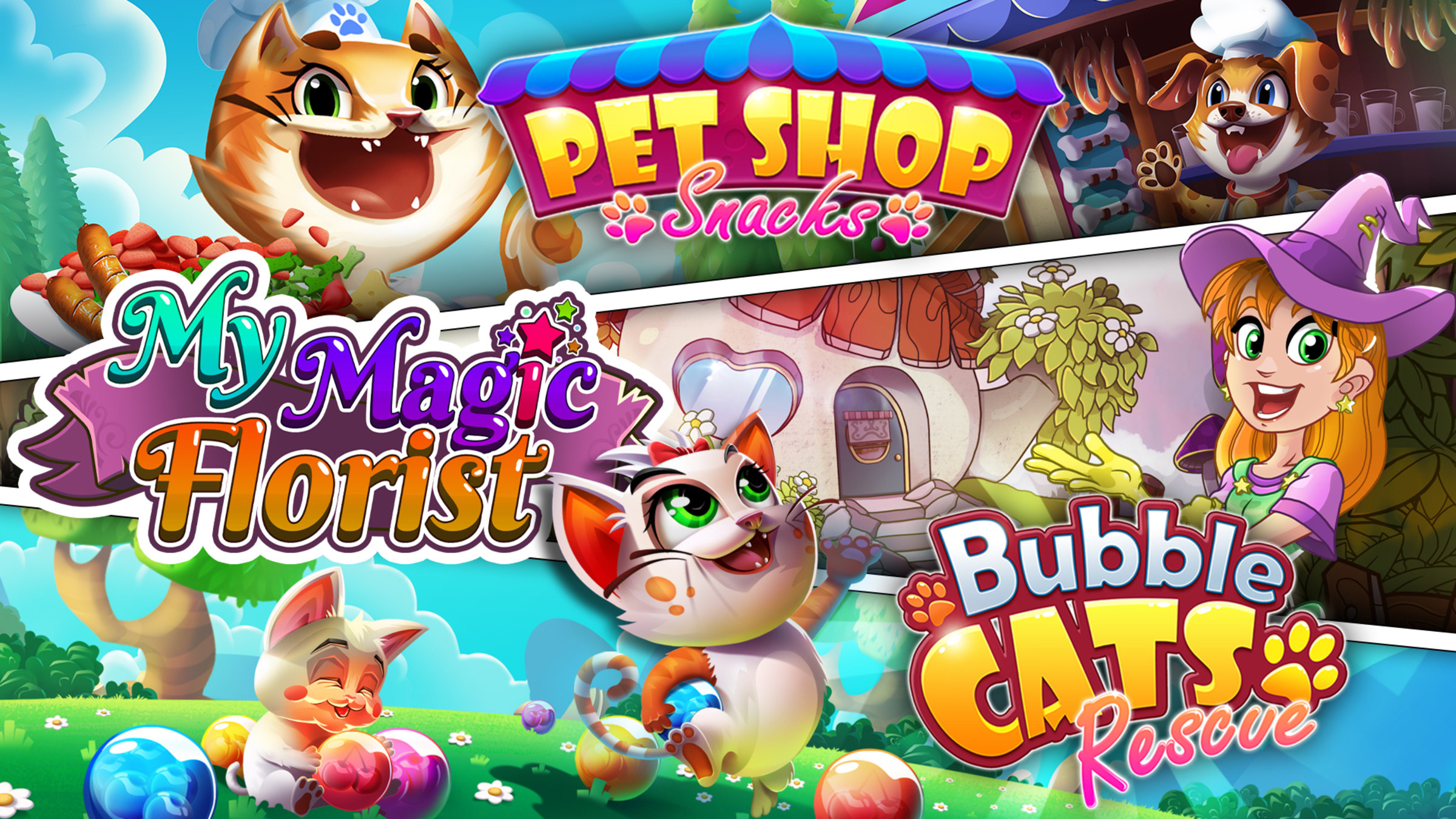 Family Games Bundle: My Magic Florist + Pet Shop Snacks + Bubble Cats Rescue