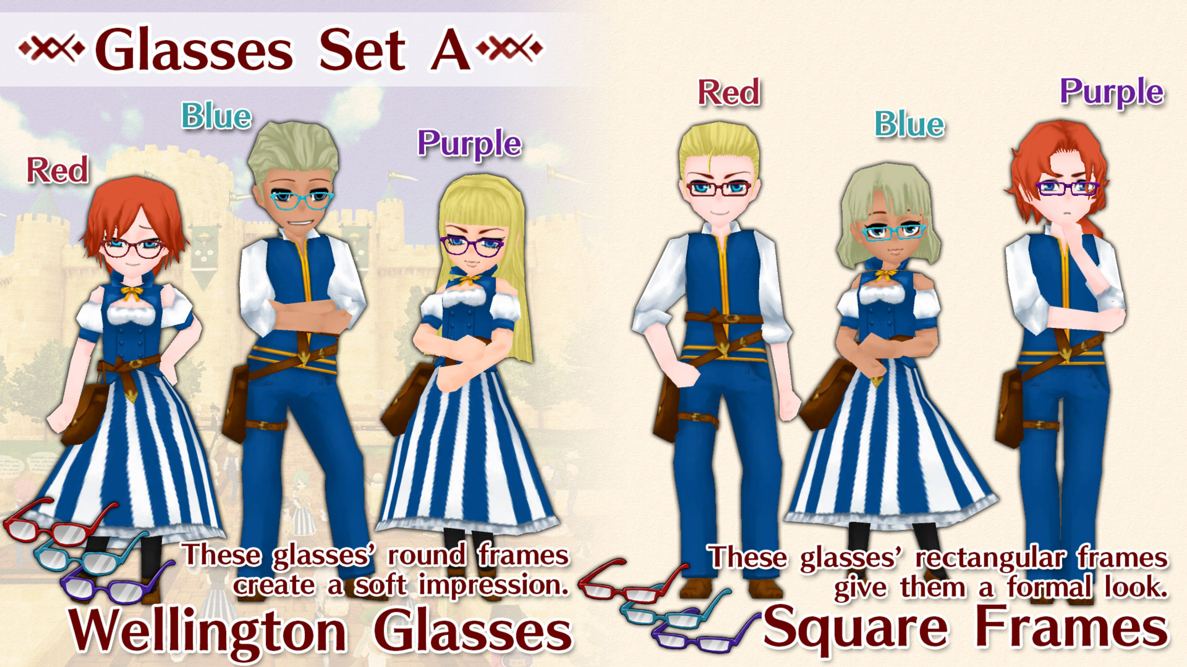 Glasses Set A ( Wellington Glasses, Square Frames, "colorRed,Blue