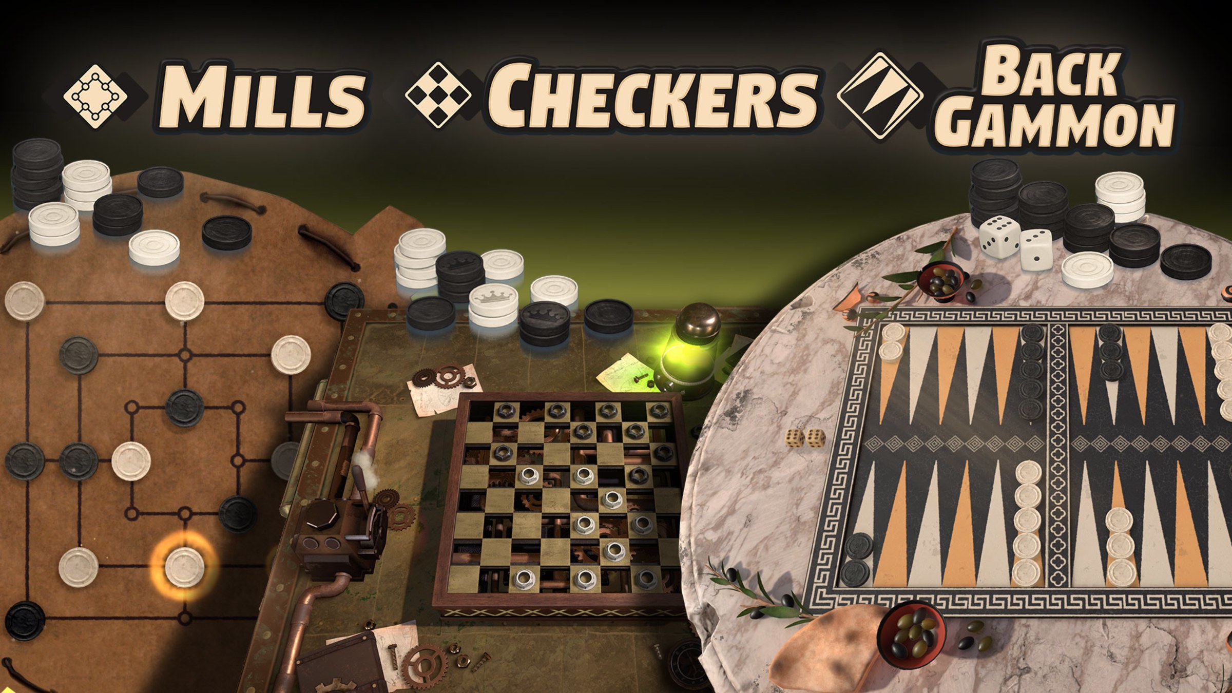 3in1 Game Collection: Backgammon + Checkers + Mills for