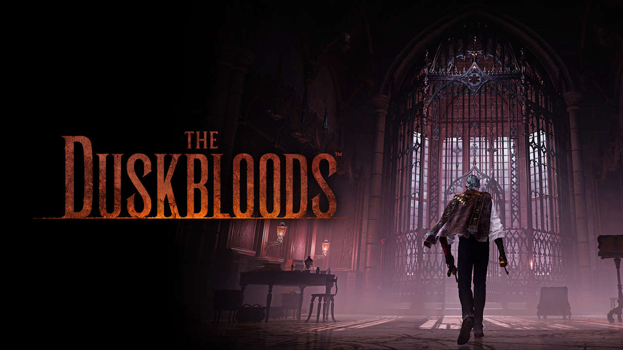 Official key art for The Duskbloods: the rust-coloured logo on the left and a caped figure seen from behind, walking towards a gothic iron gate in a misty hall