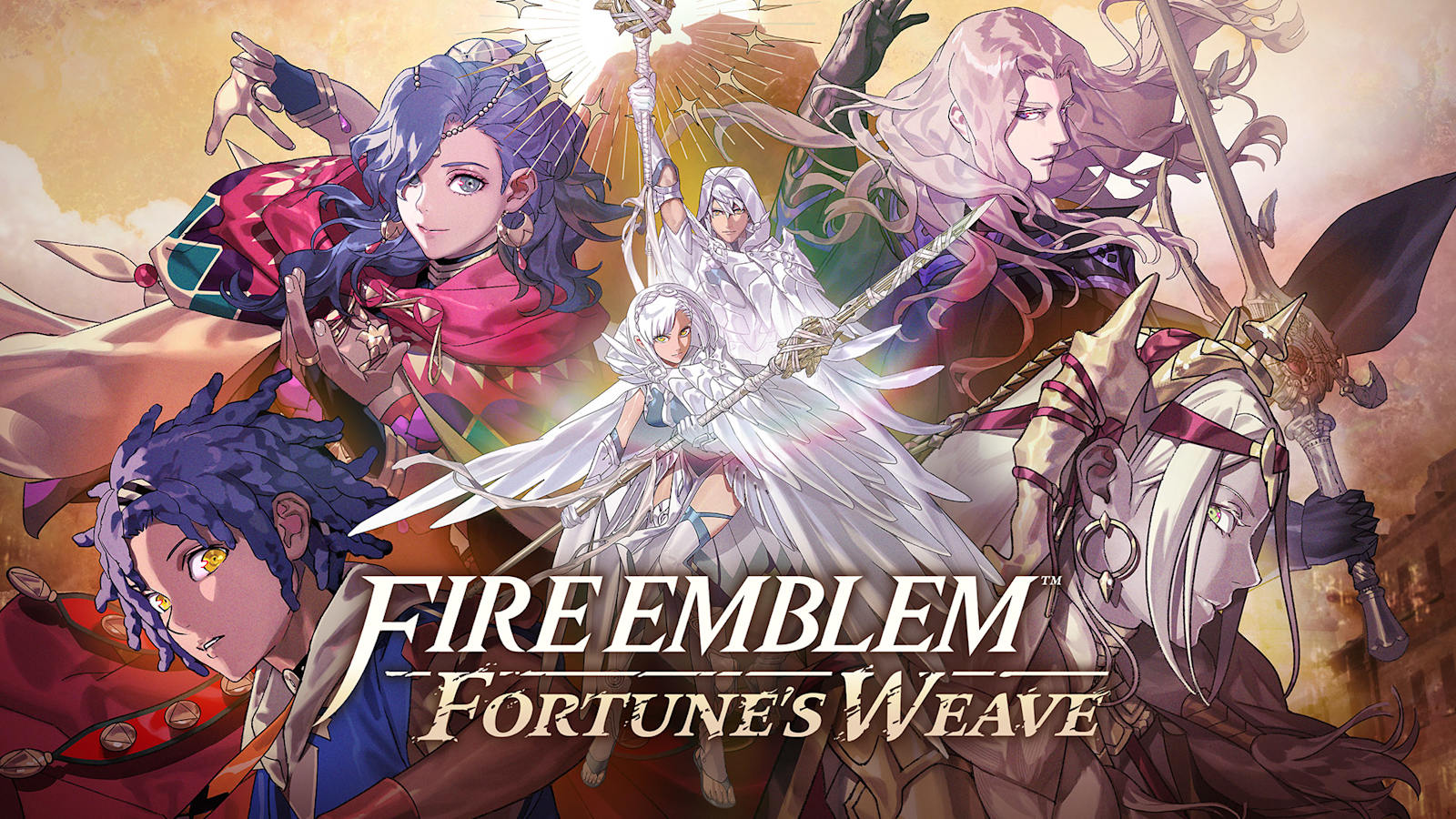Key art for Fire Emblem: Fortune's Weave showing the game's five main heroes
