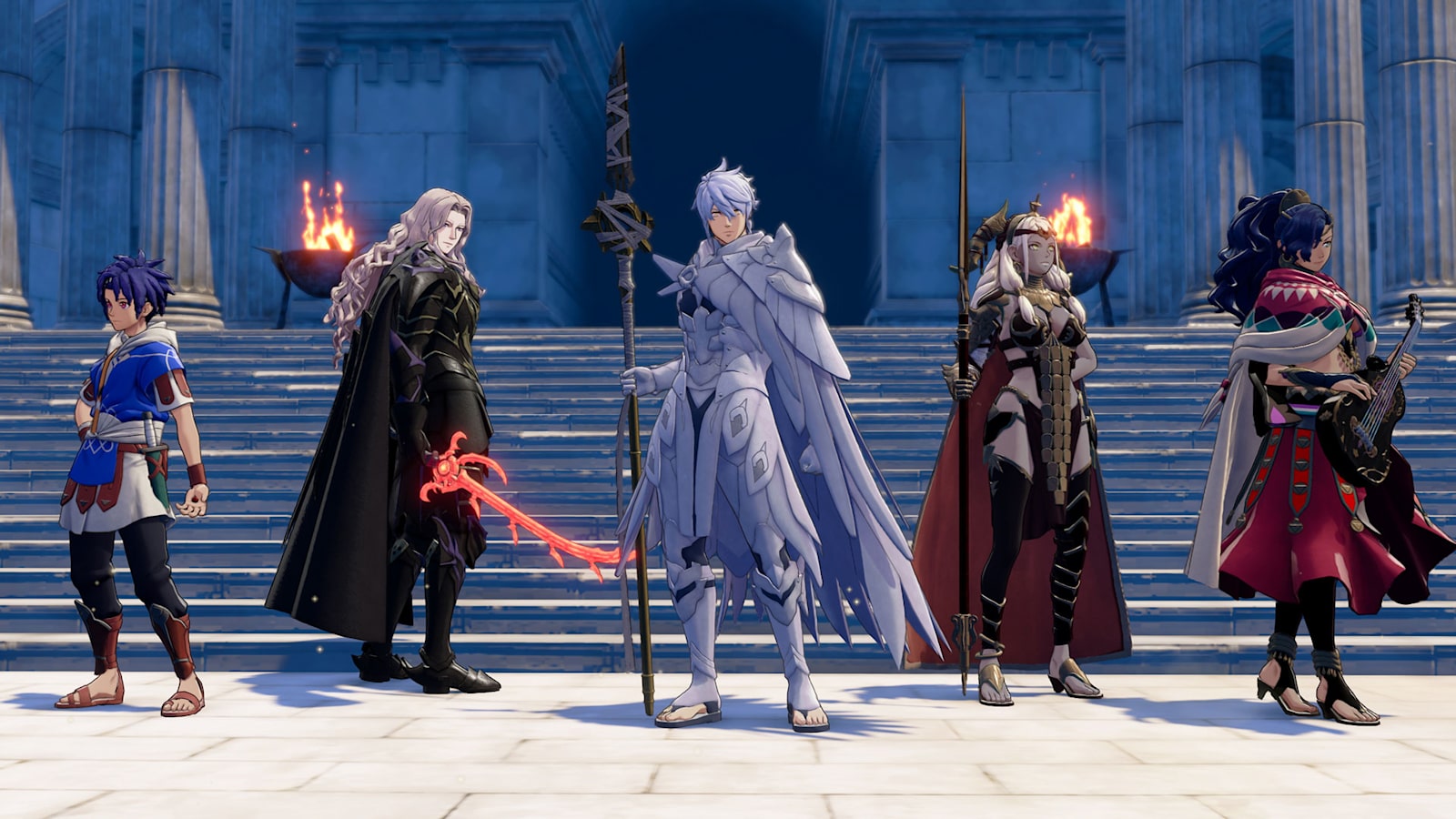 The five playable heroes of Fire Emblem: Fortune's Weave standing together on a stone staircase