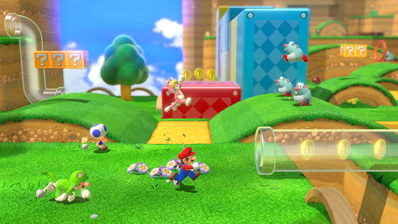 Mario, Luigi, Peach, and Toad at Really Rolling Hills from Super Mario 3D World