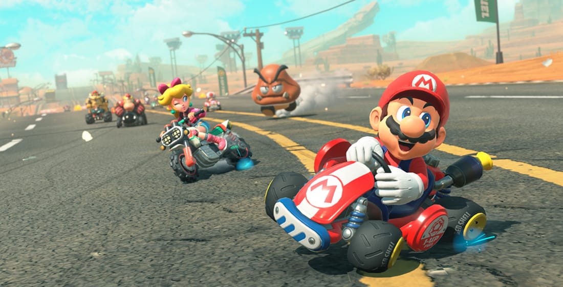 Mario kart world na nintendo switch 2 med dirkanjem z mariom in peach