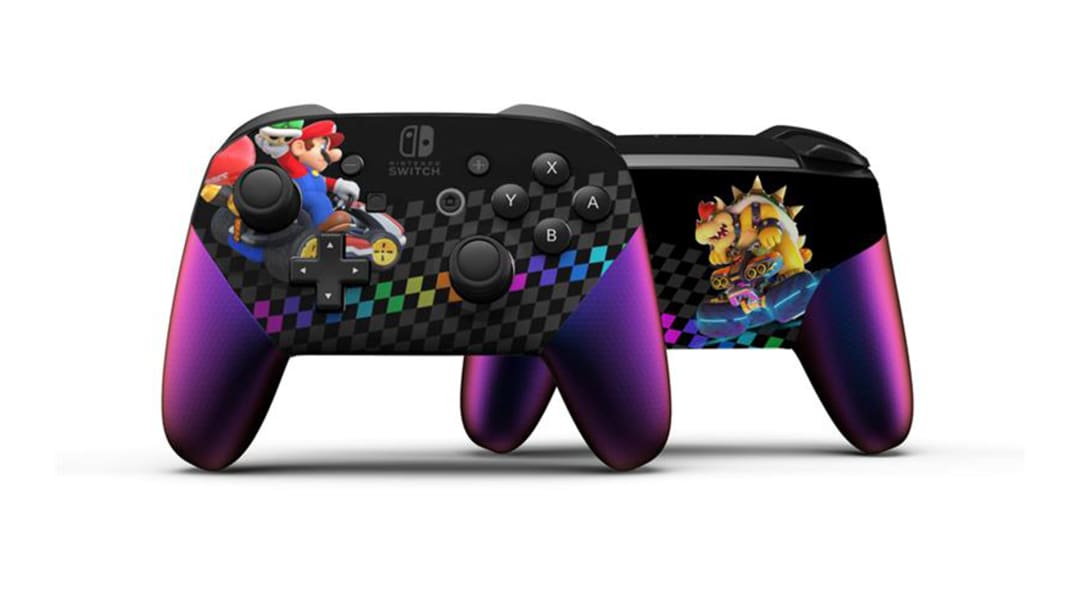 This custom-painted controller features Mario racing on the front and Bowser racing on the back. The handles of the controller are a metallic purple and a checkered racing pattern decorates the rest.