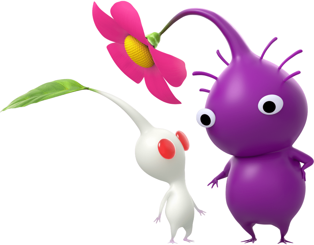 A smaller White Pikmin looks up at a larger Purple Pikmin.