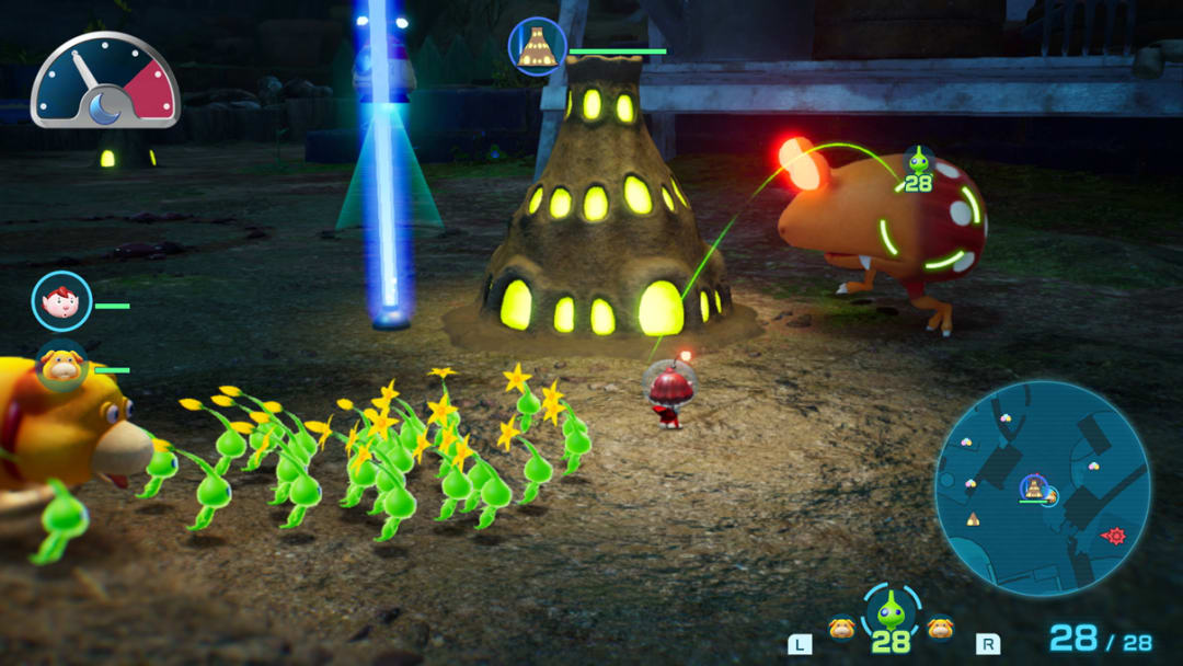 An Explorer leads Oatchi and the Glow Pikmin in battle against a creepy Bulborb with glowing red eyes. The Bulborb is attacking a lit-up mud-like structure called a Lumiknoll.