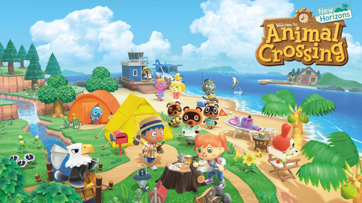 The Animal Crossing: New Horizons game art shows animal residents and villagers enjoying themselves on their island getaway.