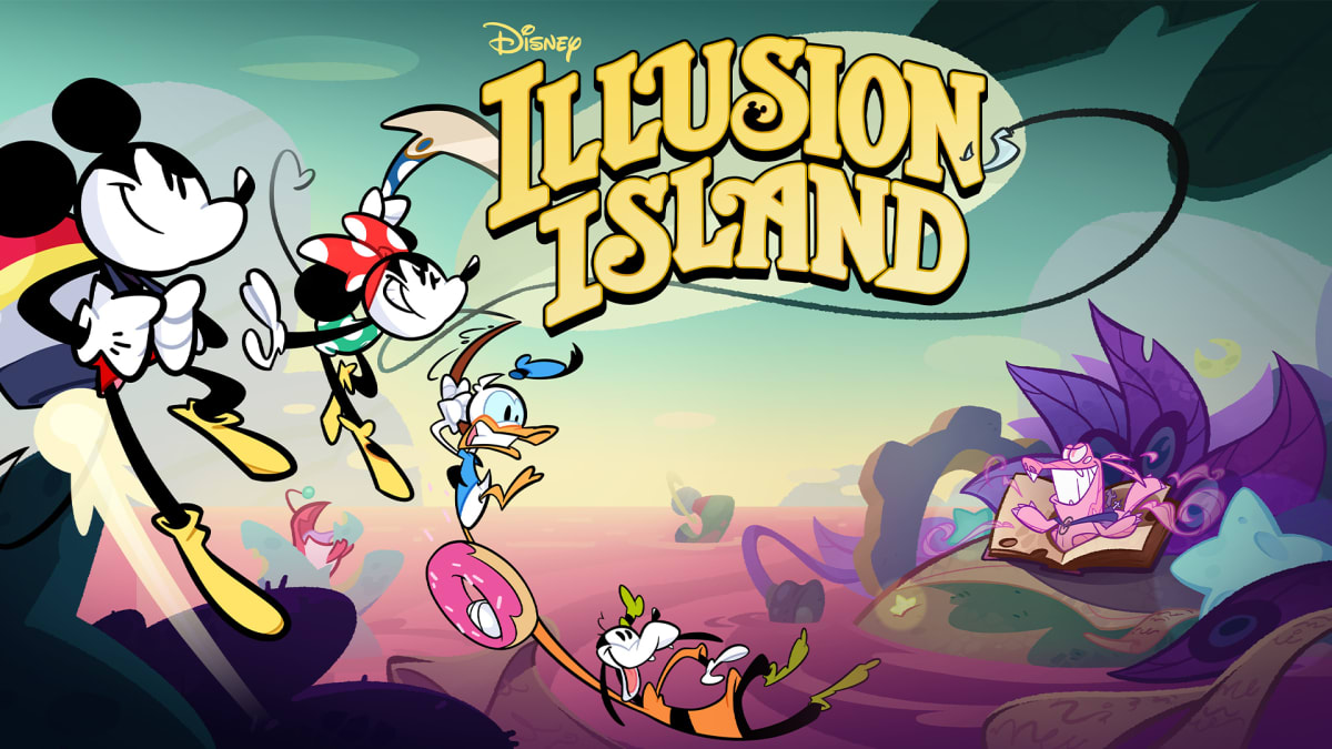 The Disney Illusion Island logo shows Mickey Mouse, Minnie Mouse, Donald Duck, and Goofy launching into an adventure.