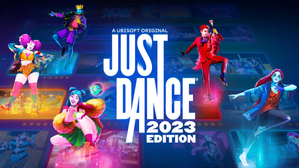 The Just Dance 2023 Edition game art shows a number of colorful dancers posing over screenshots from the game.