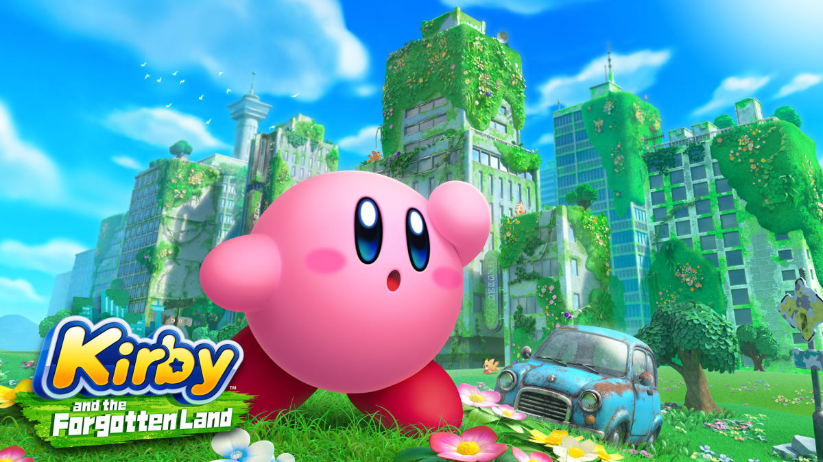 The Kirby and the Forgotten land game art shows Kirby looking around as a city reclaimed by nature is behind him.